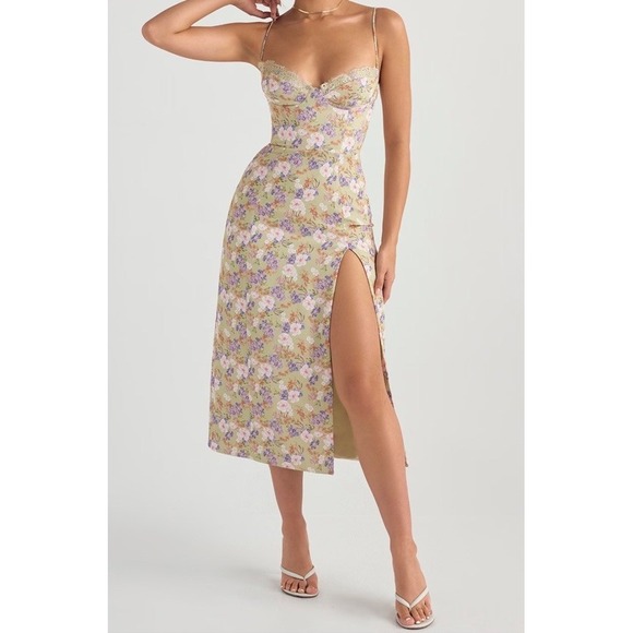 House of CB Dresses & Skirts - House of CB Sz Small Charlotte Peony Print Midi Dress High Side Slit Coquette